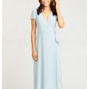 NWT show me your mumu noelle flutter sleeve wrap dress Steele blue size m